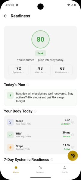Recovery screen showing muscle group recovery percentages and a radar chart
